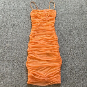 Aritzia Babaton Luxor Ruched Dress Bodycon spaghetti strap square neck orange 2